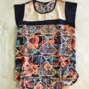 PAPAYA BLOUSE Medium Caps sleeve navy blue floral 100% light cool polyester.